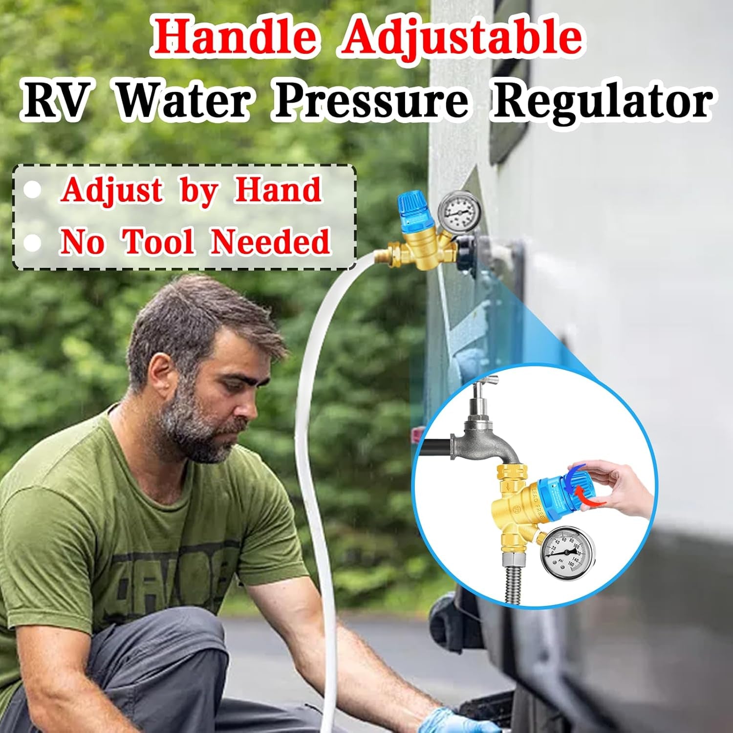 Upgraded RV Water Pressure Regulator, Water Pressure Regulator with Adjustable Handle, Water Pressure Regulator for RV Camper, with Oil Gauge, for RV Camper Travel Trailer