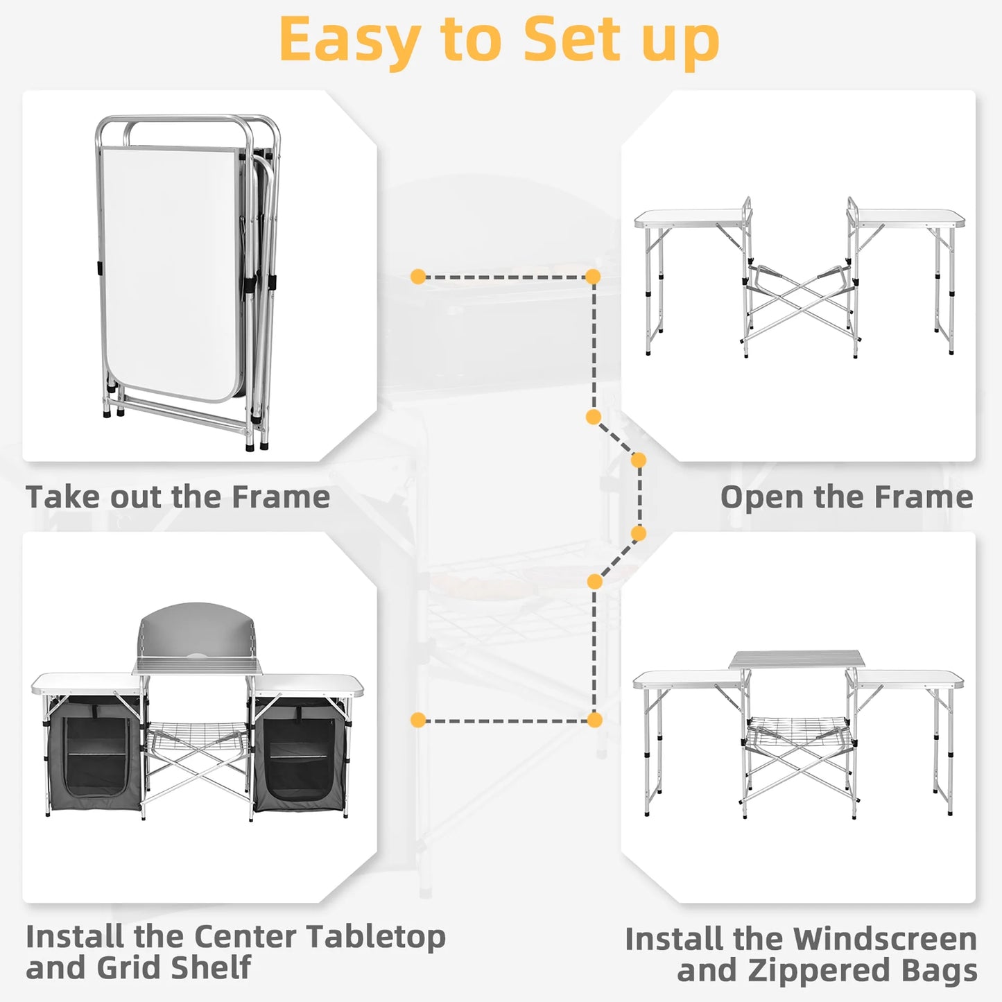 Folding Portable Aluminum Camping Grill Table W/ Storage Organizer Windscreen Grey