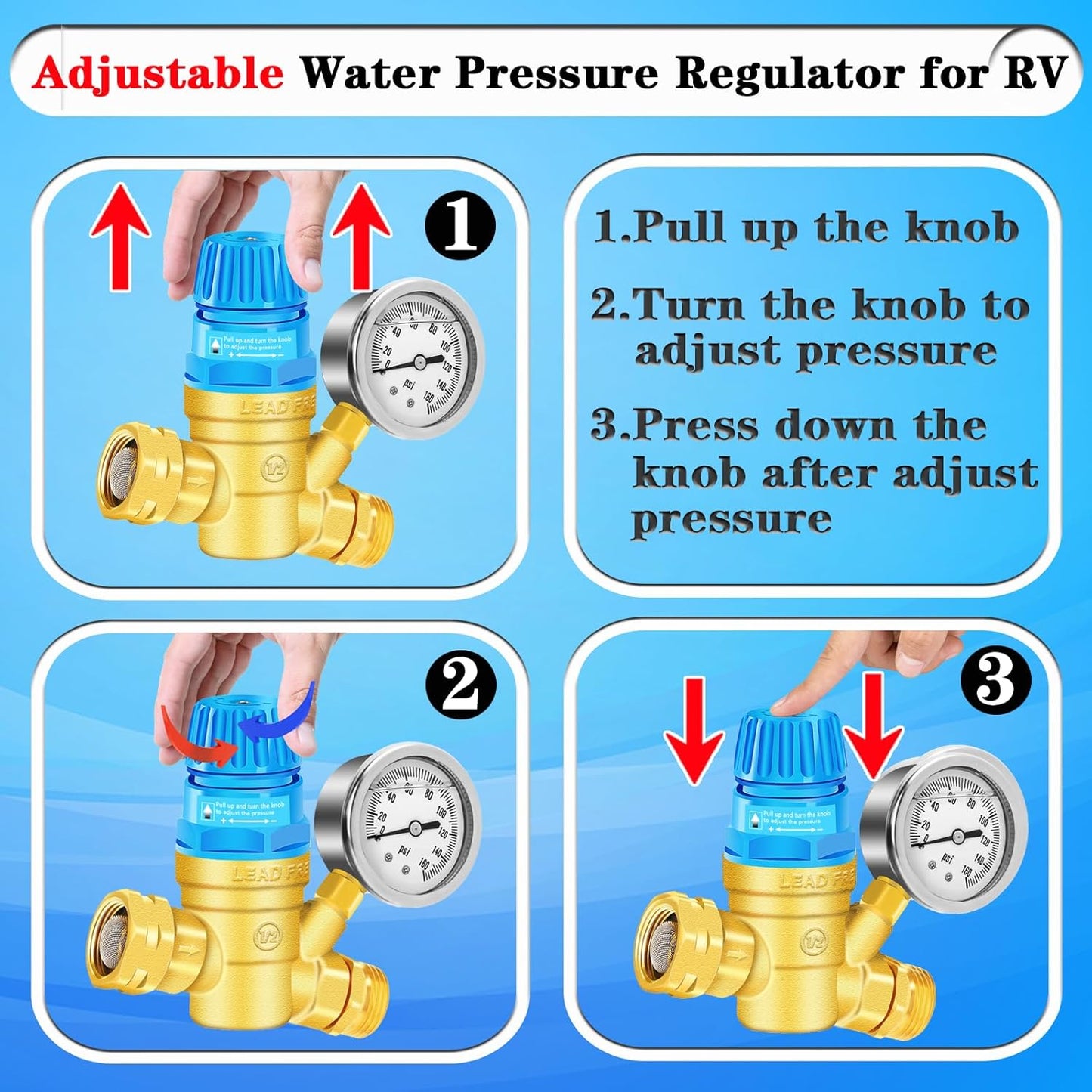 Upgraded RV Water Pressure Regulator, Water Pressure Regulator with Adjustable Handle, Water Pressure Regulator for RV Camper, with Oil Gauge, for RV Camper Travel Trailer