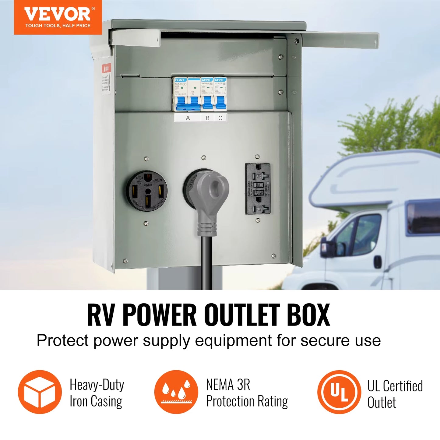 VEVOR Temporary Power Outlet Panel 125/250 Volt with a 20/30/50 Amp Receptacle Installed RV Power Outlet Box for Camper, Trailer