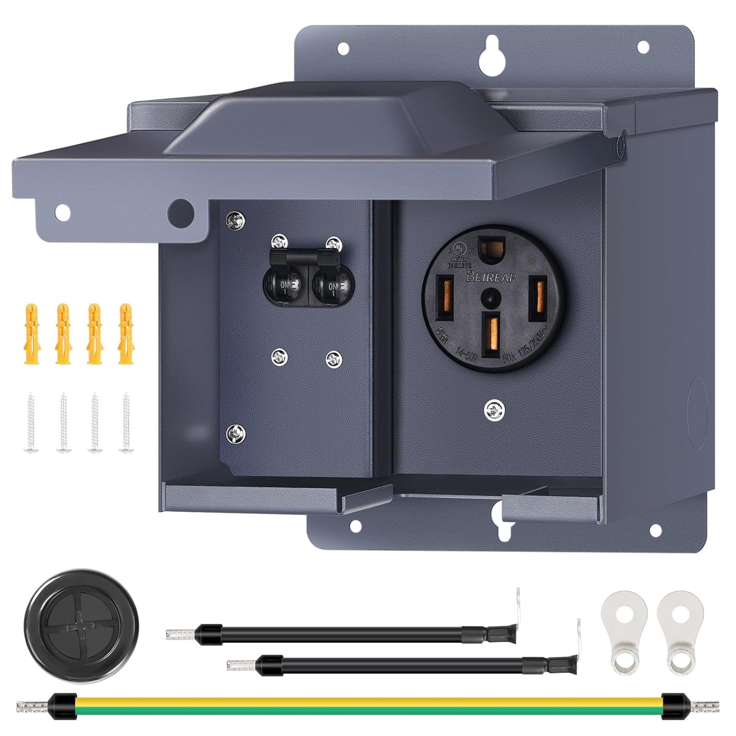 50 Amp RV Power Outlet Box with Breaker, 125V/250V NEMA 14-50R RV Outlet, Weatherproof RV Receptacle, Lockable Electrical Power Box, for Rv'S Campers Trailers Motorhomes, UL Listed U61OB06