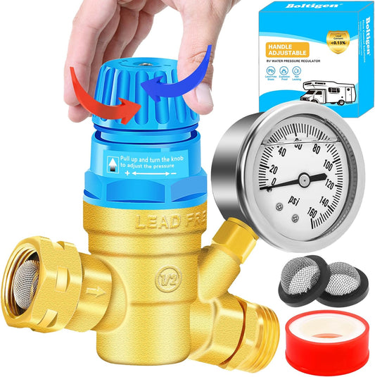 Upgraded RV Water Pressure Regulator, Water Pressure Regulator with Adjustable Handle, Water Pressure Regulator for RV Camper, with Oil Gauge, for RV Camper Travel Trailer