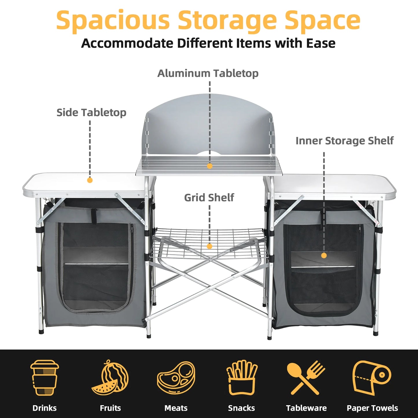 Folding Portable Aluminum Camping Grill Table W/ Storage Organizer Windscreen Grey