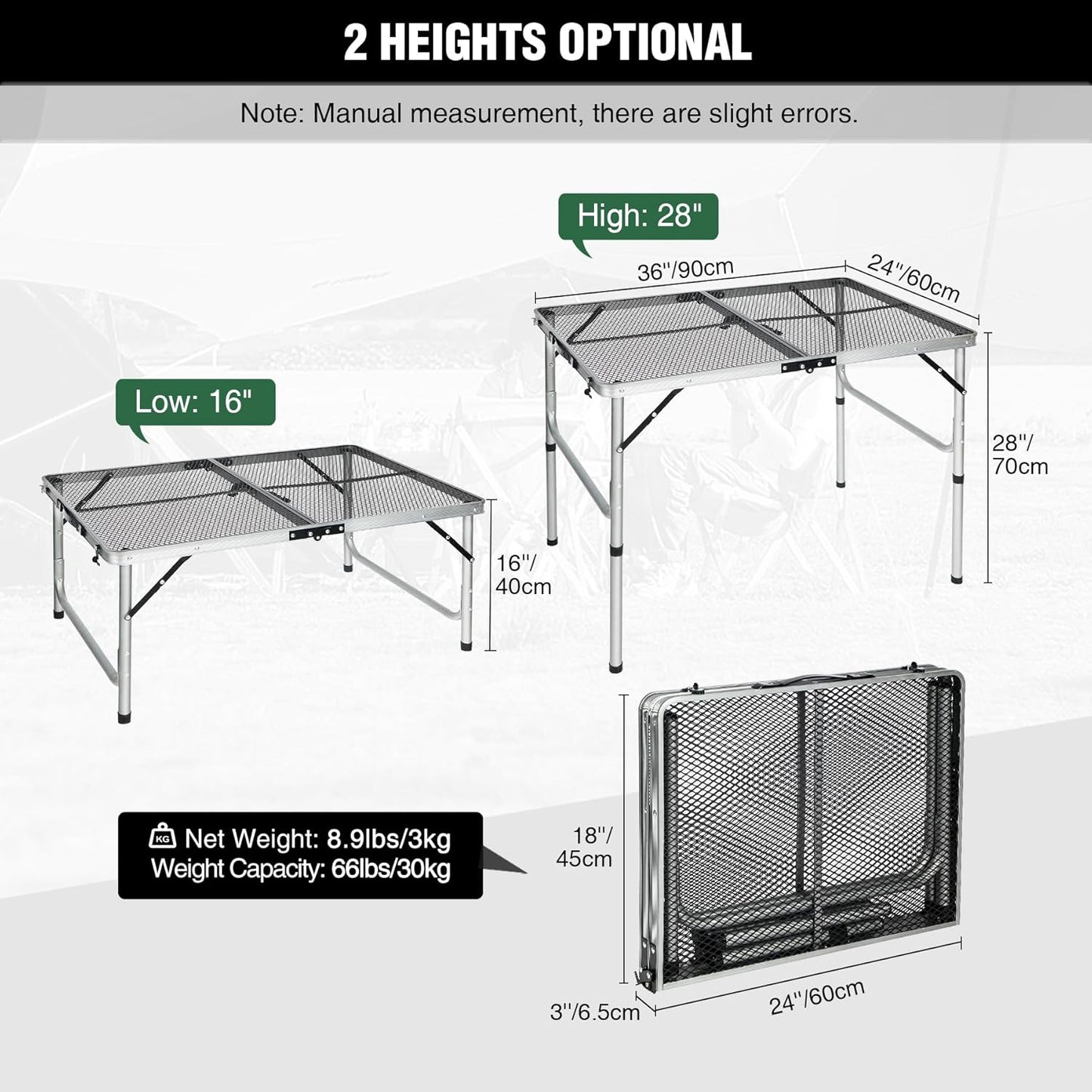 Portable Grill Table for Outside, Aluminum Folding Grill Stand Table for Outdoor Camping Picnic BBQ, Lightweight Adjustable Height, 36"X24"X15"/28" Sliver