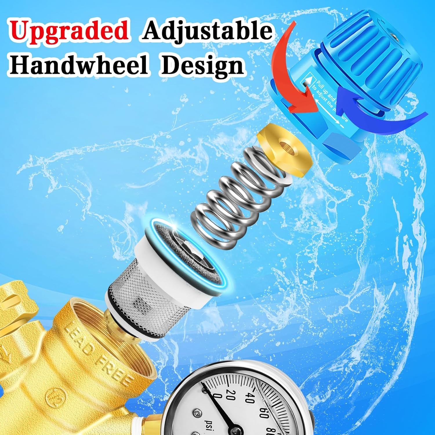 Upgraded RV Water Pressure Regulator, Water Pressure Regulator with Adjustable Handle, Water Pressure Regulator for RV Camper, with Oil Gauge, for RV Camper Travel Trailer