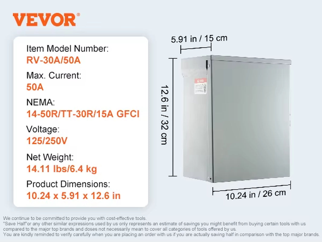 VEVOR Temporary Power Outlet Panel 125/250 Volt with a 20/30/50 Amp Receptacle Installed RV Power Outlet Box for Camper, Trailer