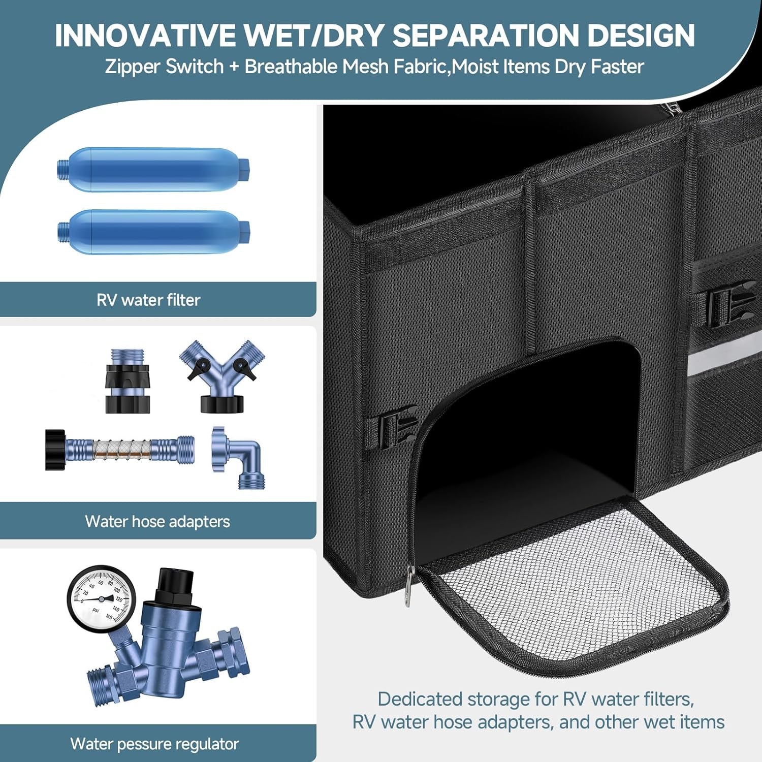 RV Organizer, Collapsible Camper Organization, Car Trunk Organizer, Aluminum Handle, RV Storage Containers, RV Storage and Organization, Waterproof and Strong, Independent Mesh Space