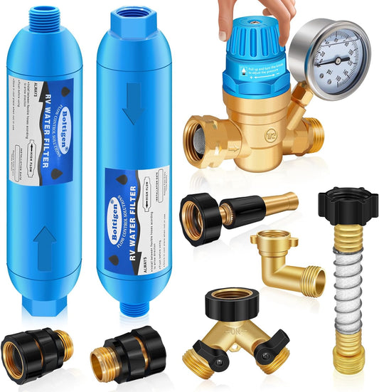 RV Water Pressure Regulator Kit, RV Fresh Water Hose Kit with Inline Water Filter, Brass Elbow, Hose Splitter, Hose Quick Connects, Flexible Connector, 3/4'' GHT Leak Repair Kit for RV Camper