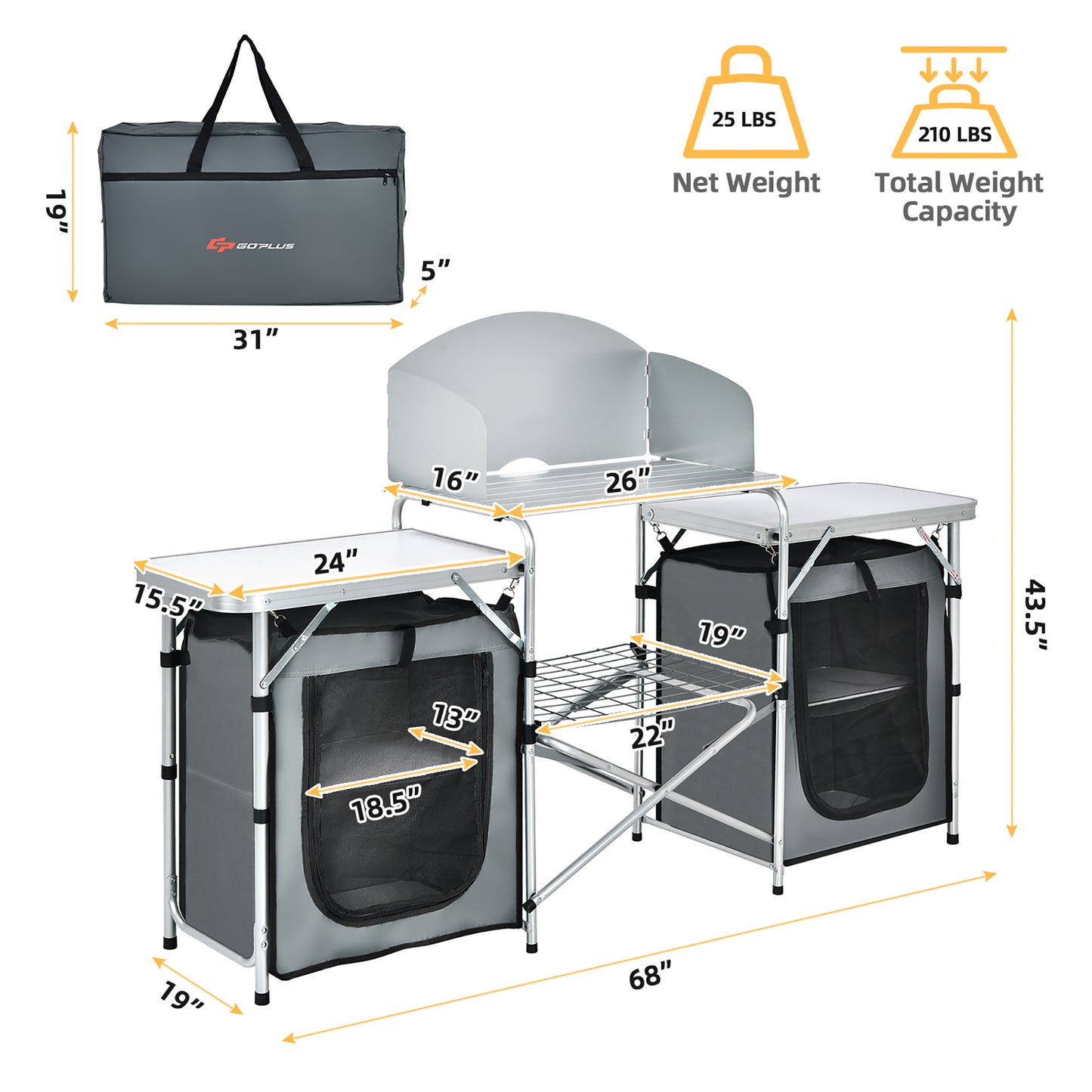 Folding Portable Aluminum Camping Grill Table W/ Storage Organizer Windscreen Grey