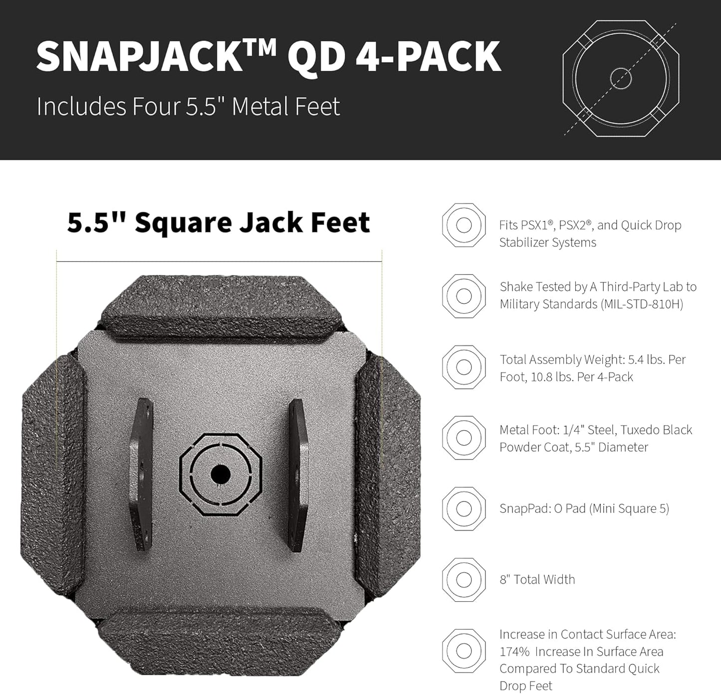 Snapjack® QD (Pack of 4) | Four-Point Trailer Jack Stands Featuring 5.5" Metal Foot | Adds 61% Additional Surface Area, 3.79 Lbs. per Pad & 7.25" Total Width | Must-Have RV Accessories