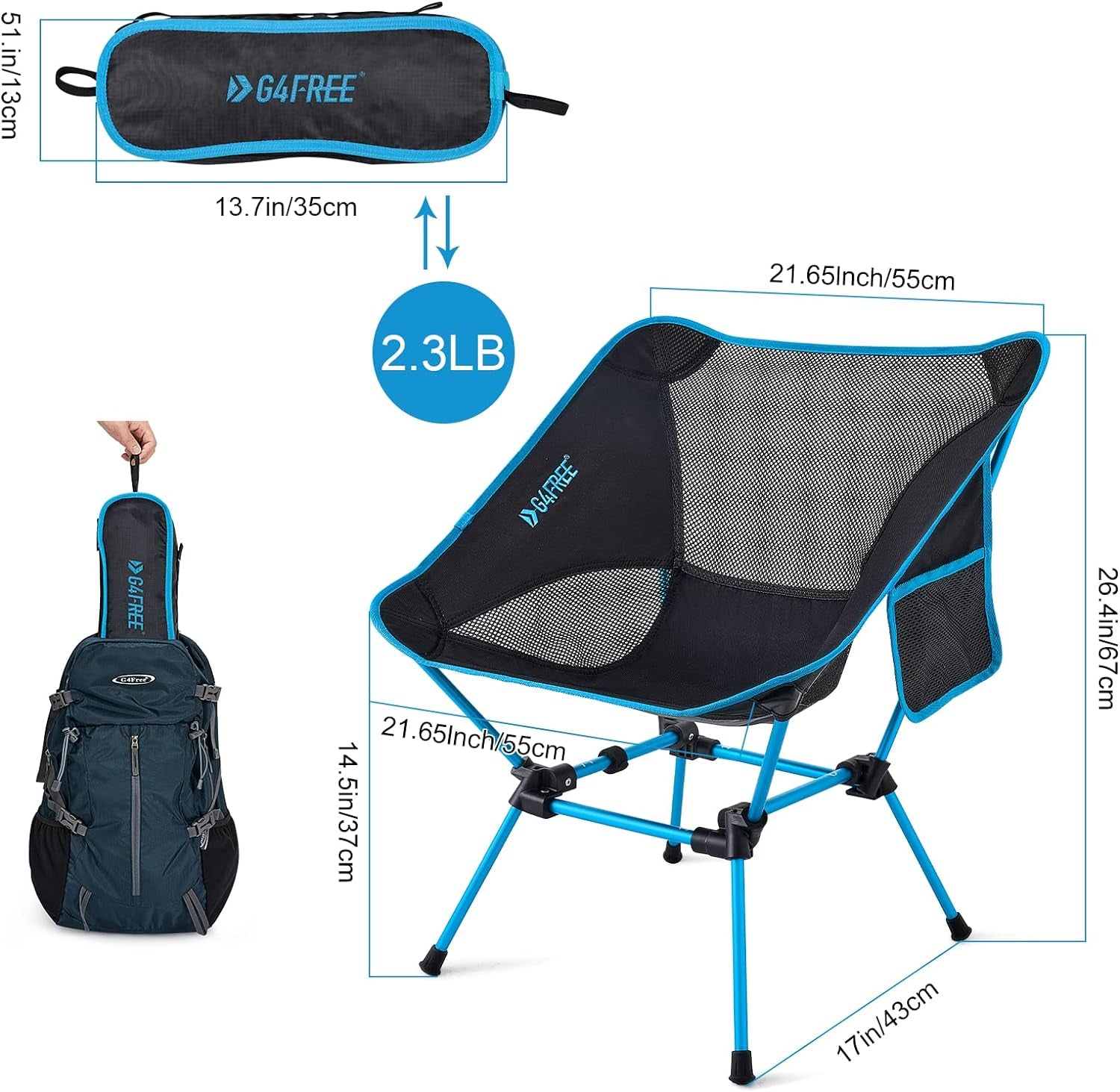 Folding Camping Chairs, Ultralight Compact Backpacking Folding Chairs Lawn Chairs Heavy Duty 330Lbs with Side Pockets Packable for Outdoor Camp Travel Beach Picnic Gardening Travel Hiking