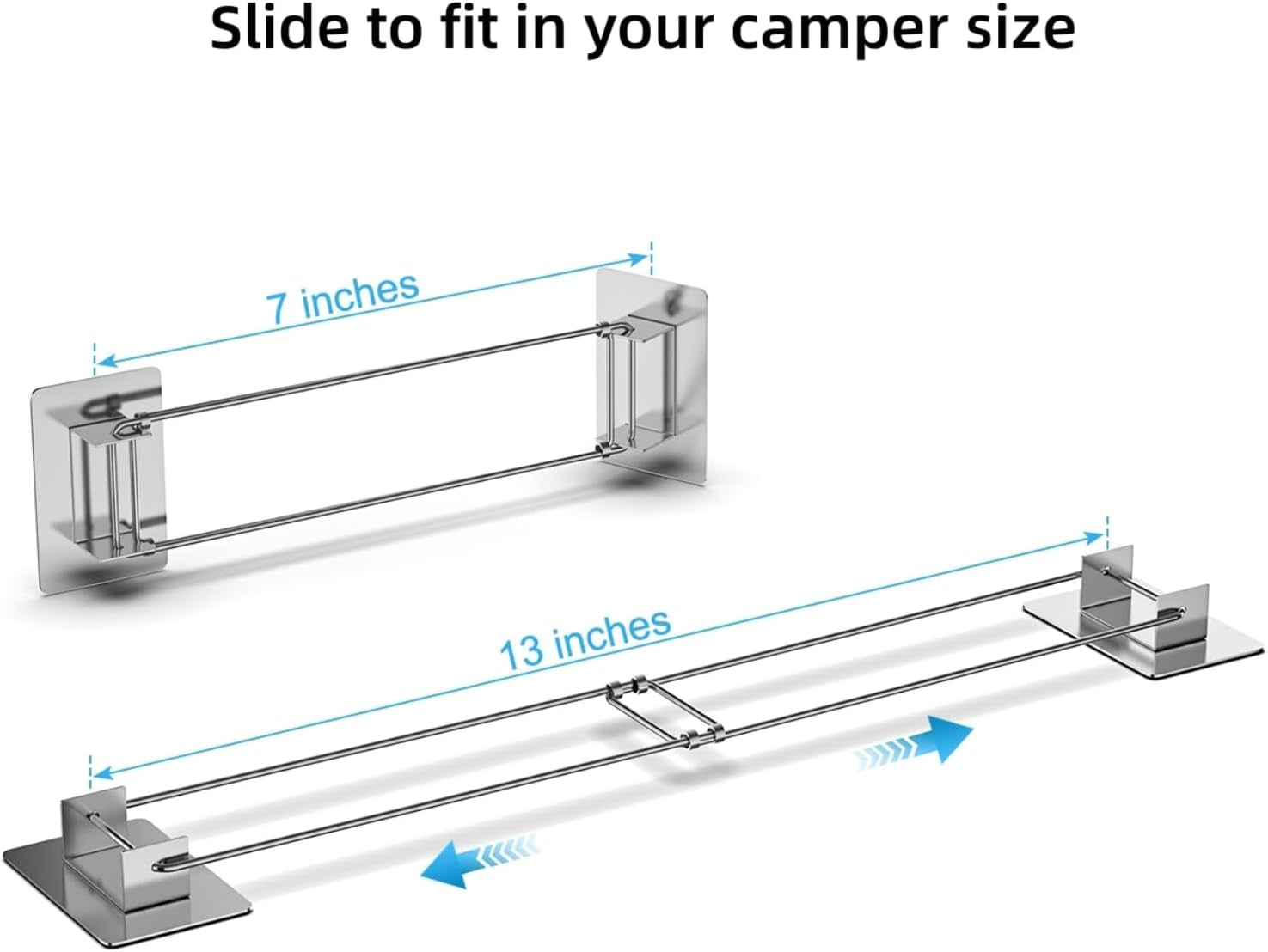 RV Shower Corner Storage Bar 7-13 Inches Adjustable Camper Bathroom Caddy Trailer Organizer Accessories Stainless Steel Shelf Rods 2 Pack