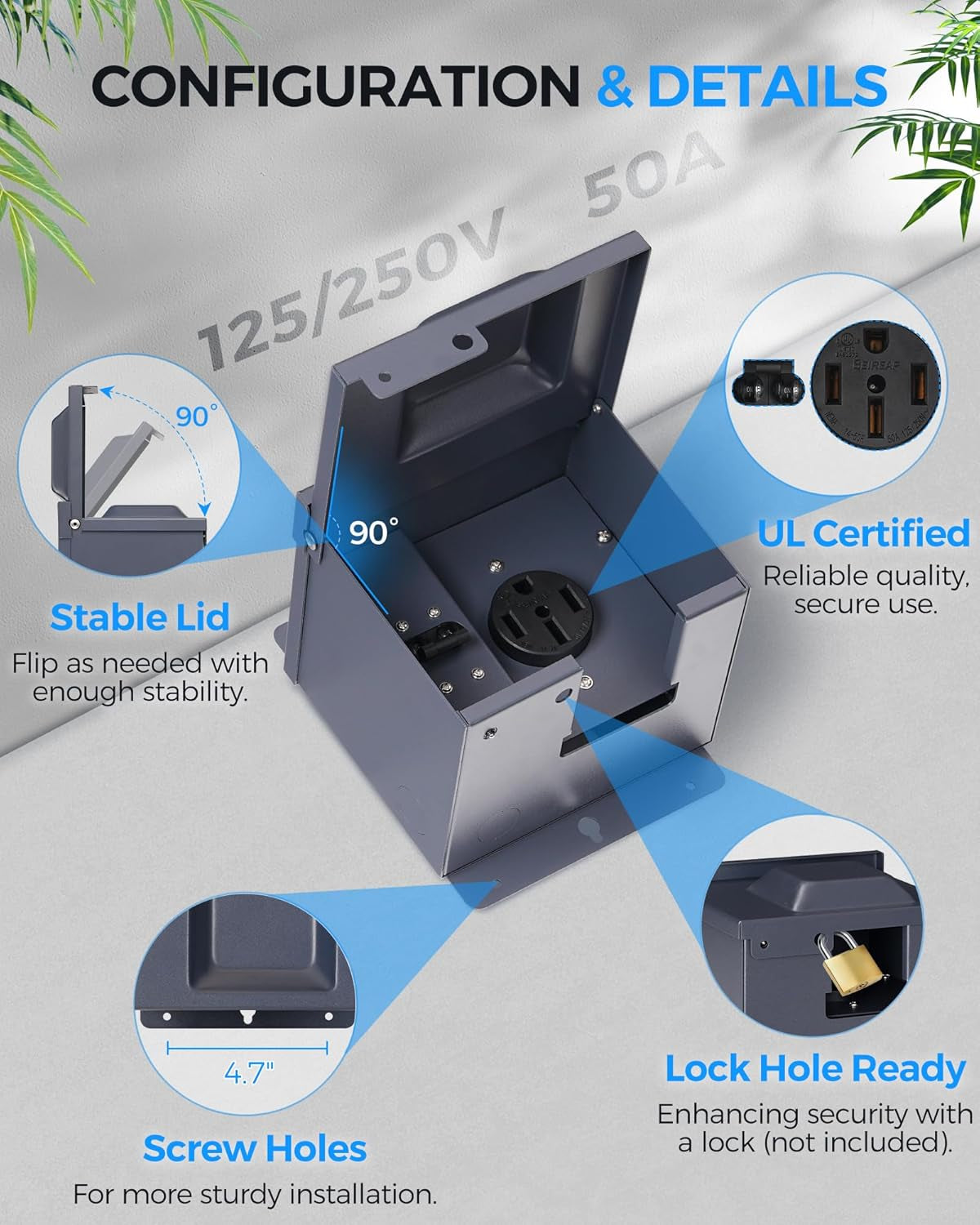 50 Amp RV Power Outlet Box with Breaker, 125V/250V NEMA 14-50R RV Outlet, Weatherproof RV Receptacle, Lockable Electrical Power Box, for Rv'S Campers Trailers Motorhomes, UL Listed U61OB06