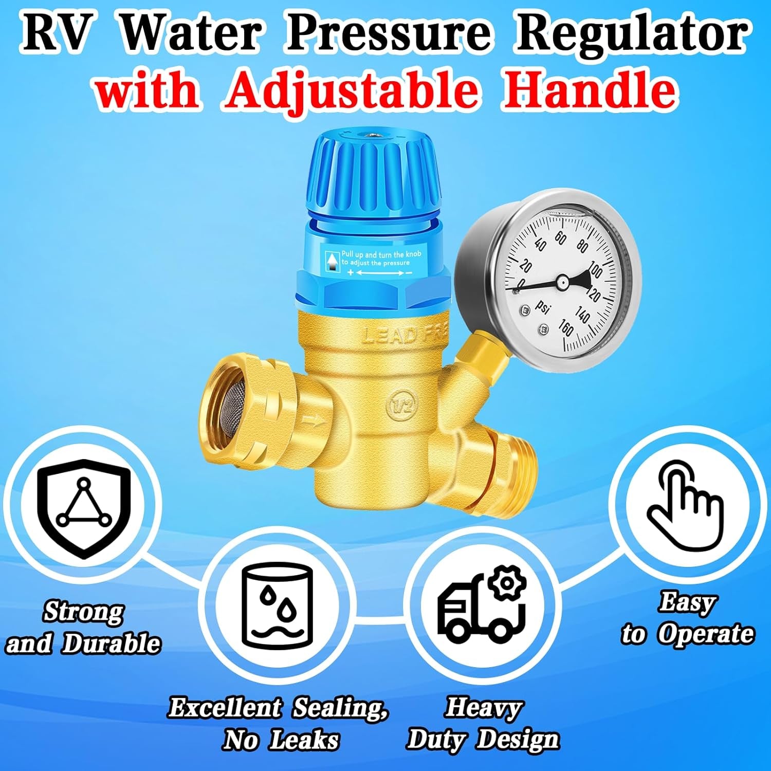 Upgraded RV Water Pressure Regulator, Water Pressure Regulator with Adjustable Handle, Water Pressure Regulator for RV Camper, with Oil Gauge, for RV Camper Travel Trailer