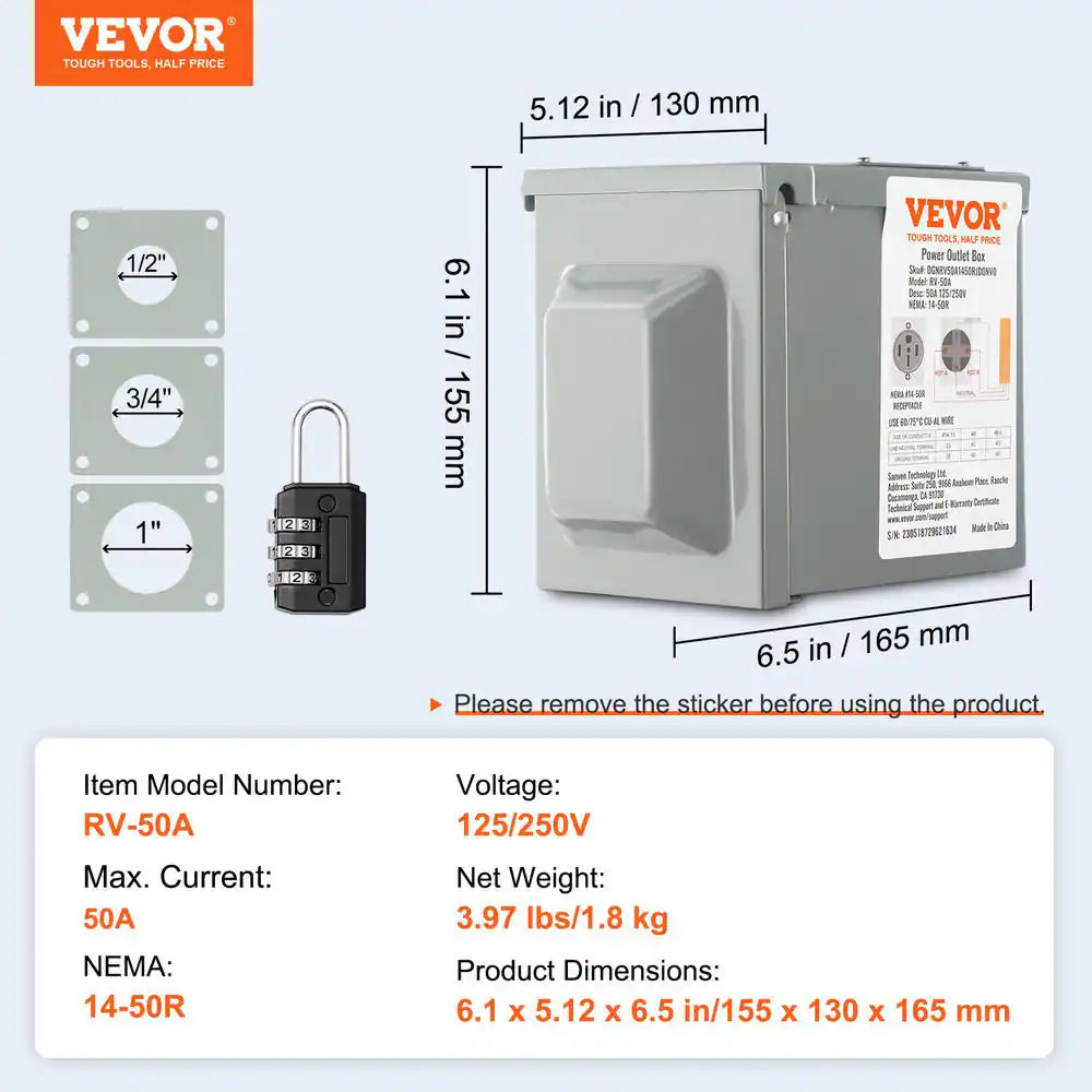 RV Power Outlet Box Indoor/Outdoor 50 Amp 125-Volt/250-Volt Receptacle Panel NEMA 14-50R Single Outlet for RV Camper Car