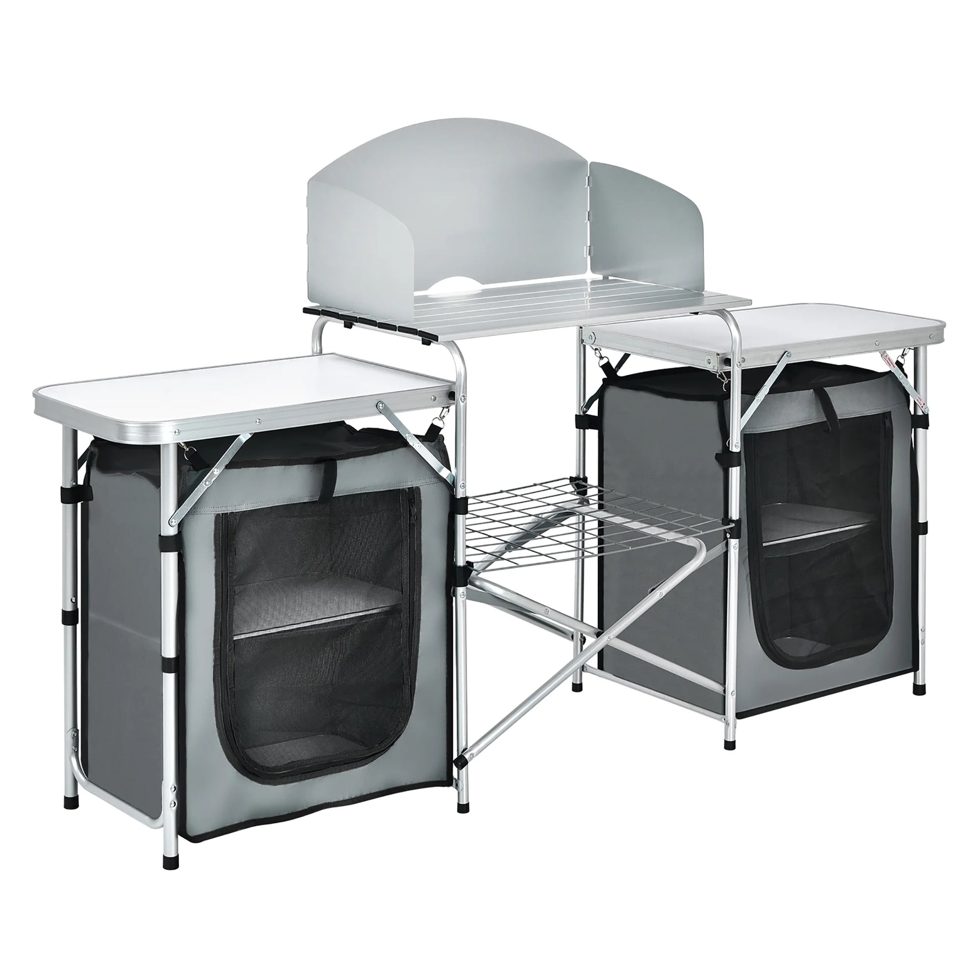 Folding Portable Aluminum Camping Grill Table W/ Storage Organizer Windscreen Grey