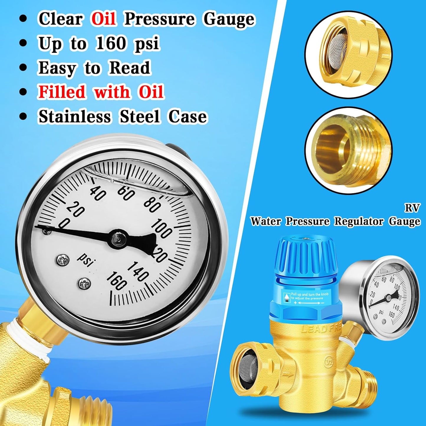 Upgraded RV Water Pressure Regulator, Water Pressure Regulator with Adjustable Handle, Water Pressure Regulator for RV Camper, with Oil Gauge, for RV Camper Travel Trailer